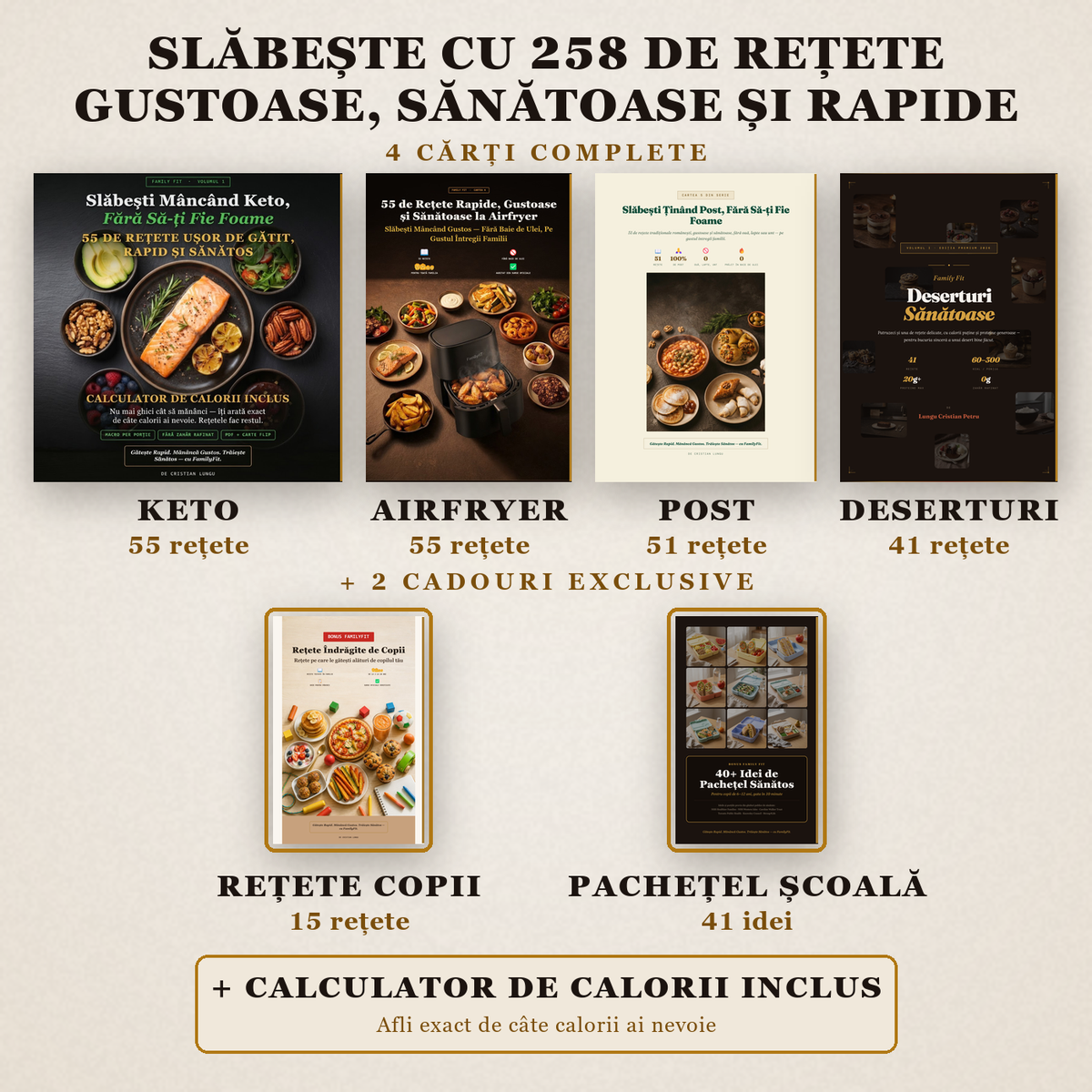 Pachetul complet FamilyFit: 4 cărți de rețete plus 2 cadouri exclusive, 258 de rețete în total