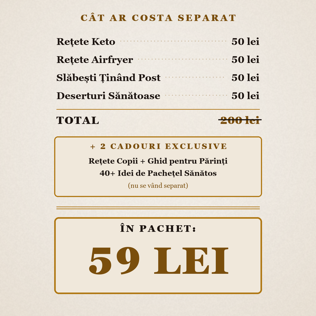Cât ar costa separat: 4 cărți a 50 lei, 200 lei în total, plus 2 cadouri. În pachet: 59 lei