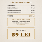 Cât ar costa separat: 4 cărți a 50 lei, 200 lei în total, plus 2 cadouri. În pachet: 59 lei